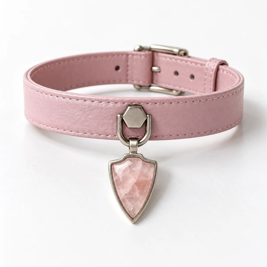 Rose Quartz collar and matching accessory on a white background.