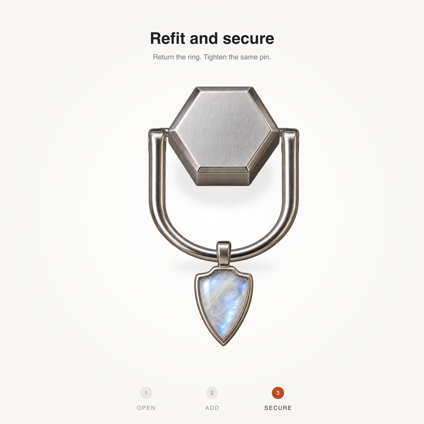 Illustrated guide showing the centered screw pin removed, the accessory threaded onto the ring, and the ring refitted and secured.